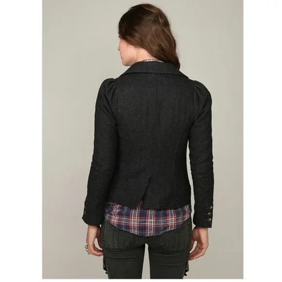 Vintage Free People Charcoal Gray Herringbone Tweed Blazer Jacket Puff Sleeves - Picture 3 of 7